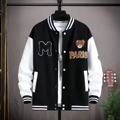 Varsity Jacket, Black & White Baseball Style with Teddy Bear Patch, Unisex Casual Outerwear, Trendy Streetwear Fashion
