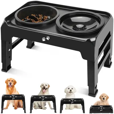 2 in 1 Elevated Dog Bowl, 1 Count Adjustalbe Heights Dog Bowl Stand with 1 Count Slow Feeder & 1 Count Water Bowl, Non-slip D...