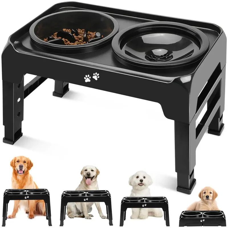 2 in 1 Elevated Dog Bowl, 1 Count Adjustalbe Heights Dog Bowl Stand with 1 Count Slow Feeder & 1 Count Water Bowl, Non-slip D...