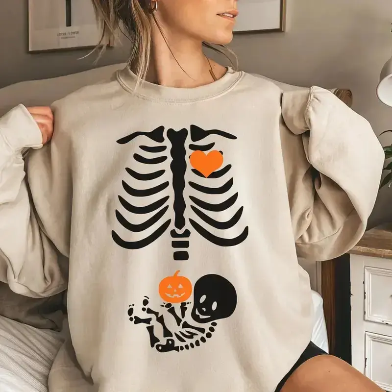 Funny Skeleton Maternity Sweatshirt for Halloween 2025, Pregnancy Announcement Costume for New Moms, Fall Baby Bump Sweater f...