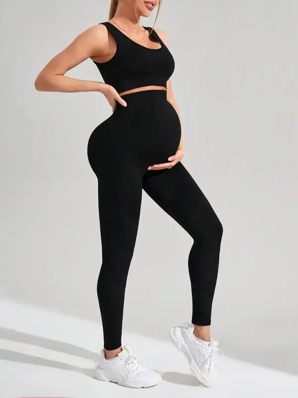 Two-piece Set Women's Backless Crop Tank Top & Skinny Pants Pregnant Maternity Set, Comfy Square Neck Top & High Stretch Legg...