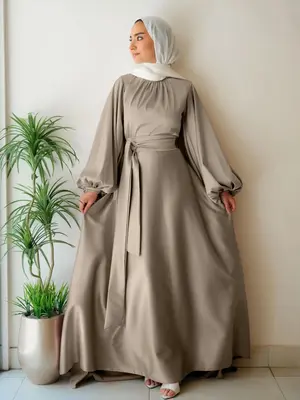 Elegant Satin Pearl Lantern Sleeve Abaya Dress, Belted Long Robe for Women, Perfect for Festivals & Special Occasions, Fitted...