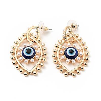 Resin Evil Eye Dangle Stud Earrings with Acrylic Pearl Beaded