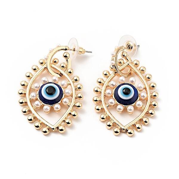 Resin Evil Eye Dangle Stud Earrings with Acrylic Pearl Beaded