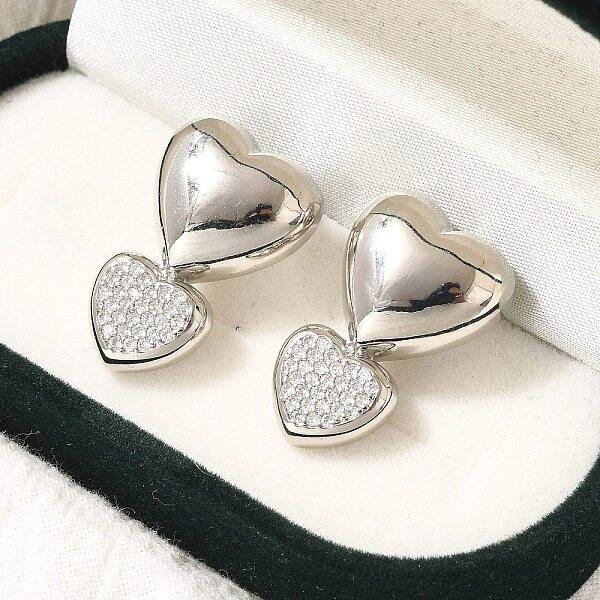 Rack Plating Heart Brass Micro Pave Clear Cubic Zirconia Stud Earrings