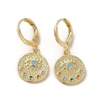 Flat Round with Eye Real 18K Gold Plated Brass Dangle Leverback Earrings