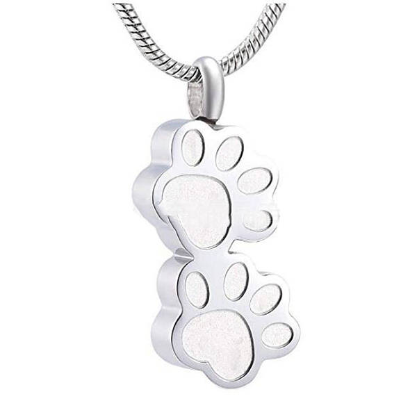 Non-Tarnish Stainless Steel Double Paw Print Urn Ashes Pendant Necklace