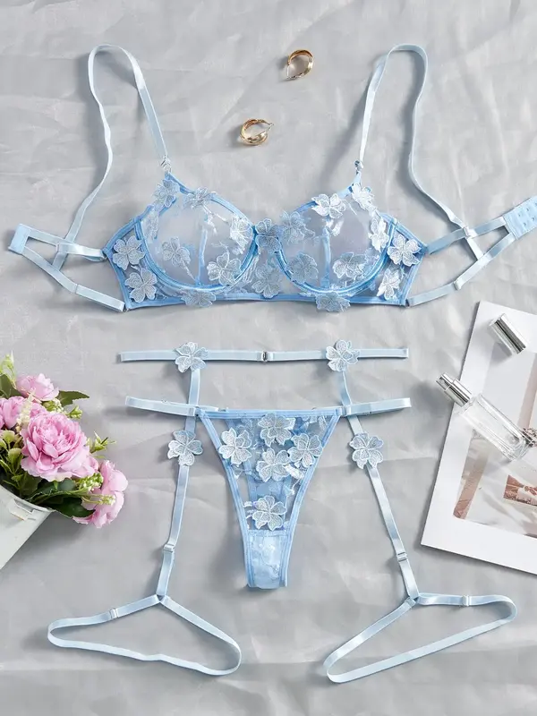 Women's 3 Counts Plain Floral Embroidery Contrast Mesh Sheer Sexy Lingerie Set, Sexy Adjustable Strap Cut Out Backless Underw...