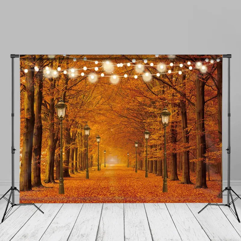 Street Light Yellow Maple Tree Leaf Autumn Backdrop - Aperturee