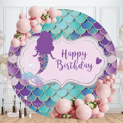 Aperturee Circle Purple Glitter Mermaid Birthday Backdrop
