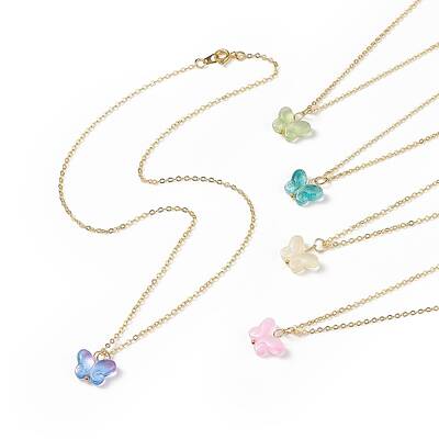5Pcs 5 Color Glass Butterfly Pendant Necklaces Set with Brass Cable Chains for Women