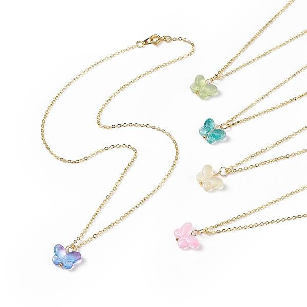 5Pcs 5 Color Glass Butterfly Pendant Necklaces Set with Brass Cable Chains for Women