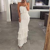 ChicMe Women's Bandeau Shirred Ruffle Hem Layered Dress