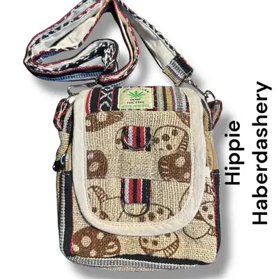 Mushroom print Hemp/cotton 5 pocket bag shoulder bag Hippie