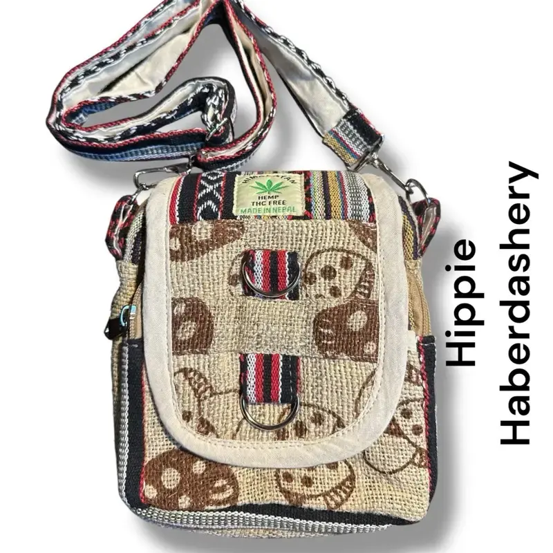 Mushroom print Hemp/cotton 5 pocket bag shoulder bag Hippie