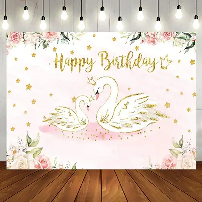 Pink Floral Swan Golden Stars Birthday Backdrop - Aperturee