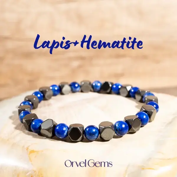 Unique Lapis Lazuli & Hematite Stretch Bracelet | Handcrafted Gemstone Jewelry for Women, Men, and Kids | Thoughtful Gift for...