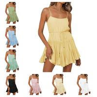 Yousify Women Summer Dress Spaghetti Strap Waist Tie Ruffle Mini A Line Flowy Tiered Short Dresses