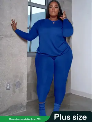 【Plus Size】two-piece Set Solid Long Sleeve Tee & Skinny Pants Two-piece Set, Casual Basic Round Neck Top & Trousers for D...