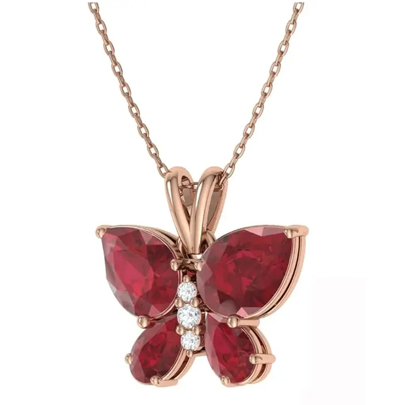 14K Rose Gold Ruby Butterfly & Mother Sisters Pendant Necklace Gemstone Necklaces