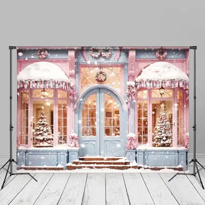 Snowy Christmas Tree Pink Store House Photo Backdrop - Aperturee