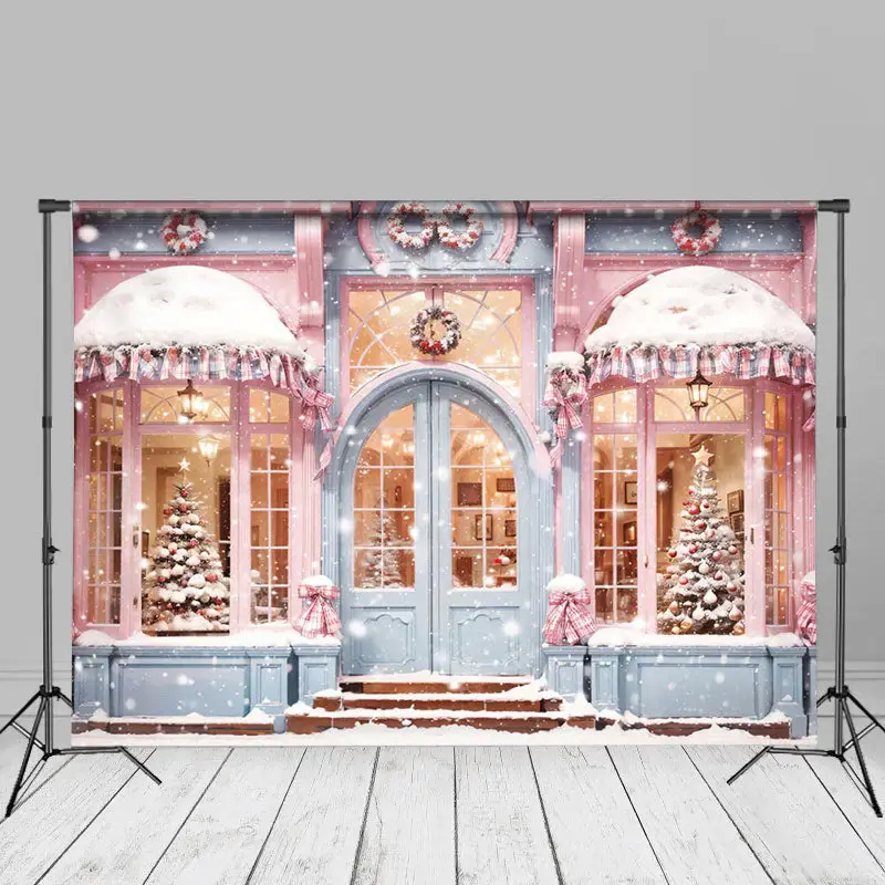Snowy Christmas Tree Pink Store House Photo Backdrop - Aperturee