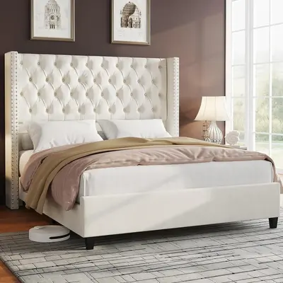 [TikTokShopfalldealsforyou]AMERLIFE Bed Frame Velvet Upholstered Platform Bed with 51.6\