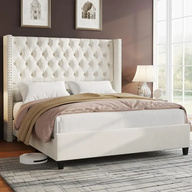 [TikTokShopfalldealsforyou]AMERLIFE Bed Frame Velvet Upholstered Platform Bed with 51.6\
