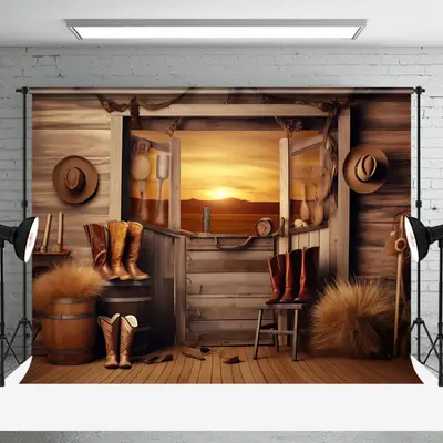 Aperturee Sunset Western Cowboy Cabin Hay Boots Wood Backdrop - Aperturee