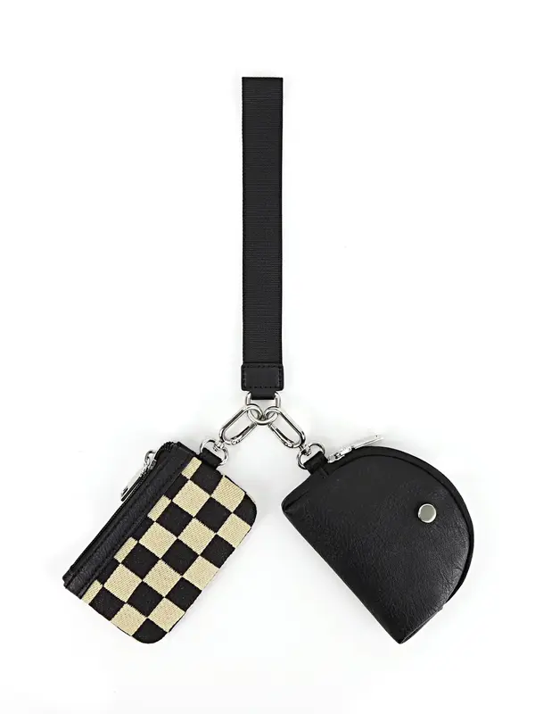 Women's Checked Pattern Zipper Wristlet Bag, 2 in 1 Coin Purse, Fashionable PU Leather Wrist Bag for Daily Used, Casual Trend...