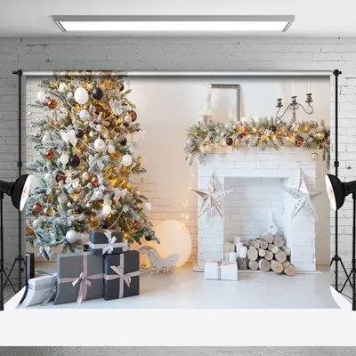 Aperturee White Bricks Fireplace Xmas Tree Christmas Backdrop