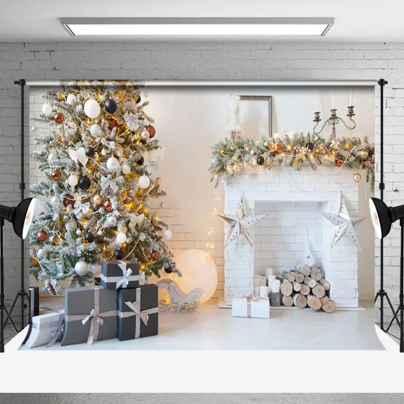 Aperturee White Bricks Fireplace Xmas Tree Christmas Backdrop