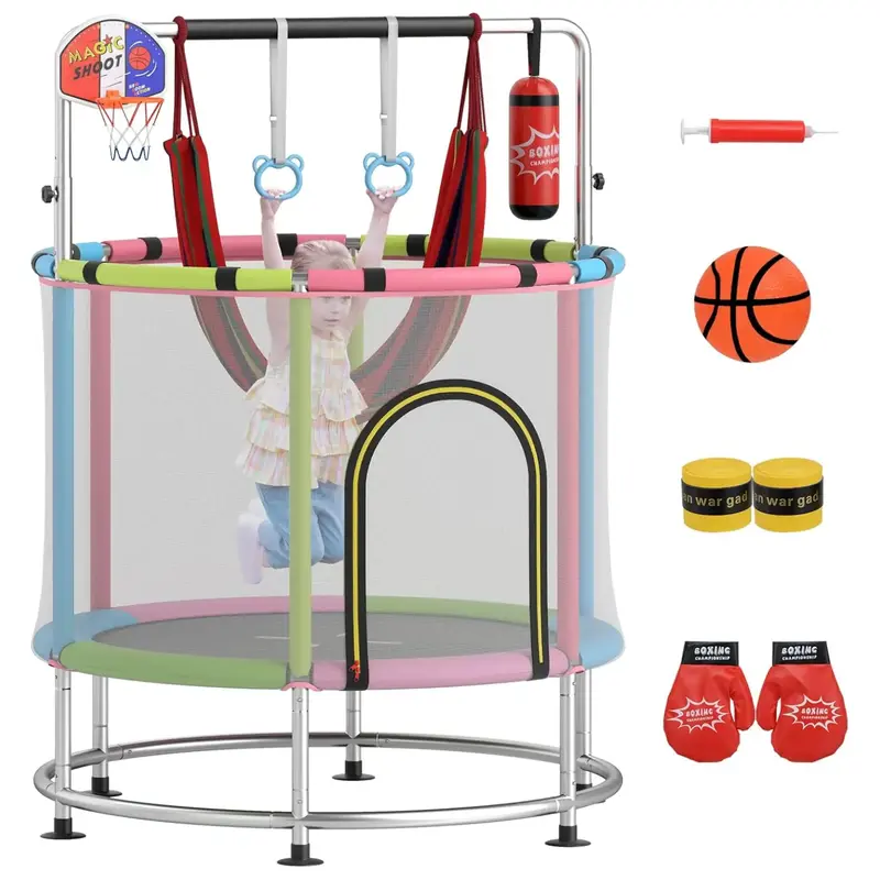 Costzon 55/60 Trampoline for Kids,  6 in 1 Toddler Rebounder with Swing, Basketball Hoop, Punching Bag, Rings & Bar, No-G...