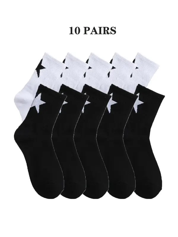 Men's Star Print Crew Socks, Casual Moisture Wicking Mid Calf Socks, Soft Comfy Breathable Hosiery for All Seasons Daily Wear
