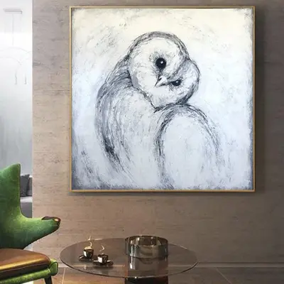 Original White Owl Painting On Canvas Abstract Barn Owl Artwork Handmade Bird Texture Monochrome Wall Art White and Black Hom...