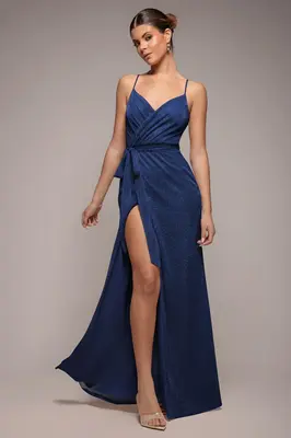 Goddiva Wrap Style Spaghetti Strap Maxi With Split - Navy