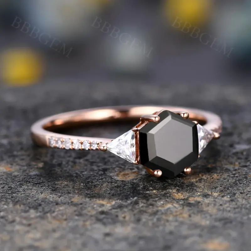 Hexagon Black Onyx Wedding Ring With Trillion Moissanite Side Stones