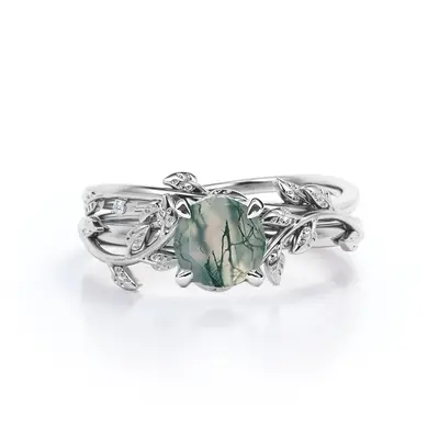Sterling Silver Moss Agate Leaves Ring