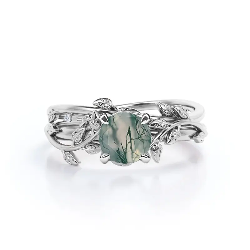 Sterling Silver Moss Agate Leaves Ring