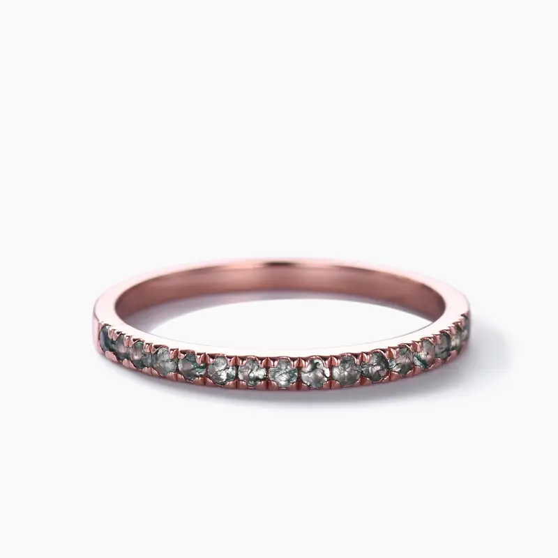 Green Moss Agate Wedding Band Rose Gold Half Eternity Ring Petite 2mm