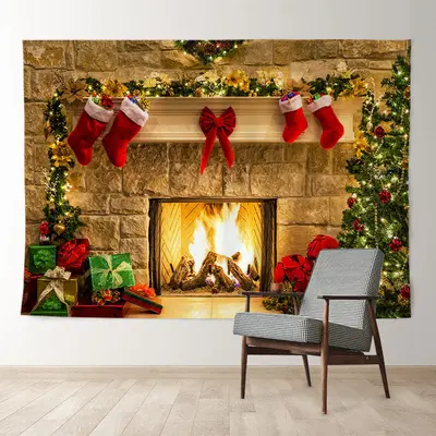 Aperturee Warm Fireplace Brick Red Bow Christmas Backdrop