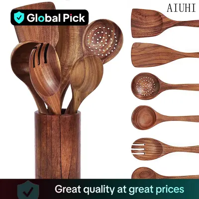 Wooden Utensils Set, 7 Counts/set Kitchen Utensils Cooking Set with Storage Bucket, Kitchen Utensils Set for Home Use, Hand T...