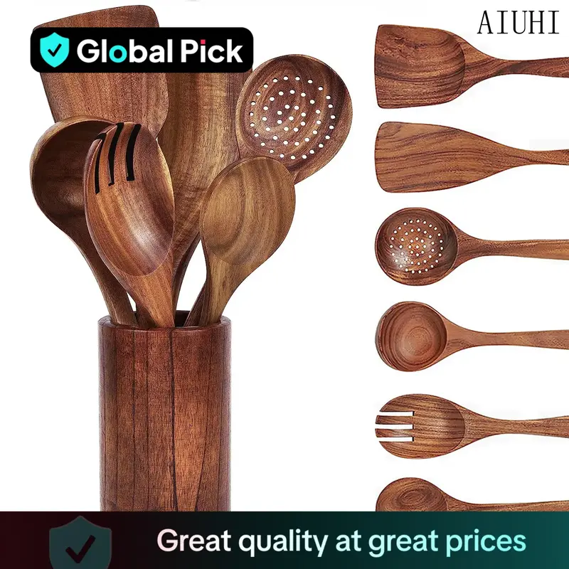 Wooden Utensils Set, 7 Counts/set Kitchen Utensils Cooking Set with Storage Bucket, Kitchen Utensils Set for Home Use, Hand T...