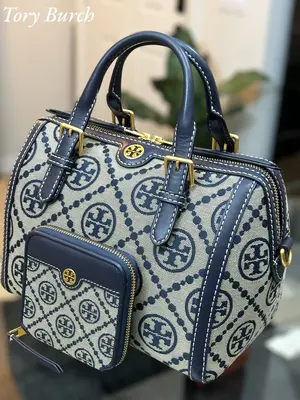 Pre-owned Tory Burch Canvas/Leather Crossbody Bags T Monogram Jacquard Barrel Shoulder Handbag in Navy Blue W/ matching Walle...