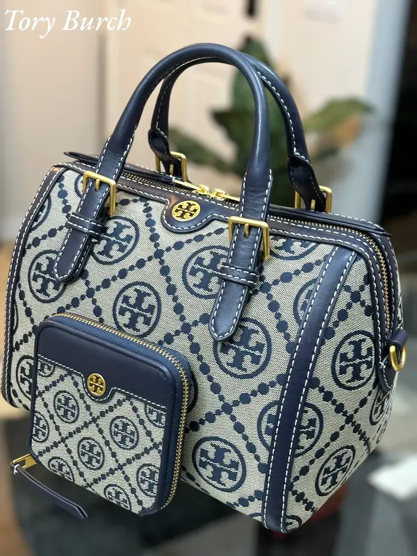 Pre-owned Tory Burch Canvas/Leather Crossbody Bags T Monogram Jacquard Barrel Shoulder Handbag in Navy Blue W/ matching Walle...