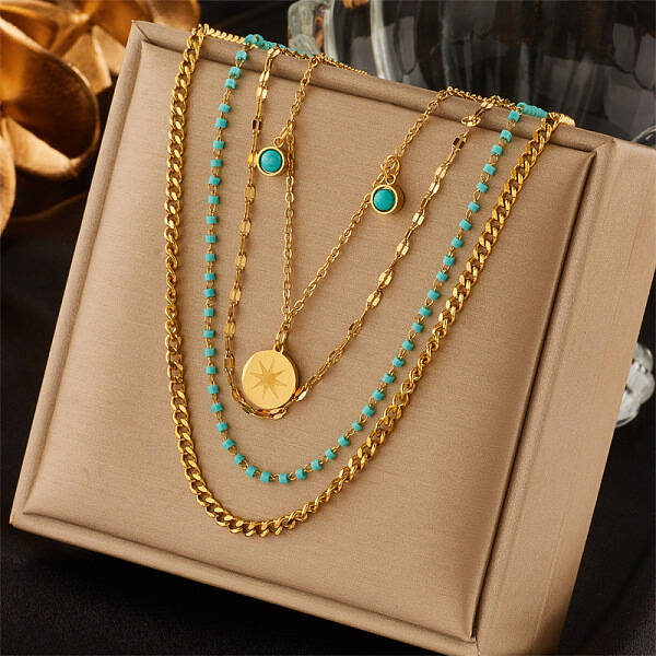 304 Stainless Steel & Synthetic Turquoise Pendant Multi Layered Necklaces for Women