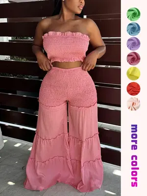 Women's Frill Trim Shirred Flare Leg Pants Set, Boho Crop Tube Top & High Waist Trousers for Beach Holiday Vacation, Ladies S...