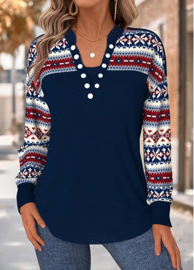 Modlily Navy Tummy Coverage Tribal Print Long Sleeve Sweatshirt - S