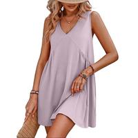 Encolax Women's V Neck Sleeveless Mini Dress Loose Summer Pleated Swing Flowy Sundress