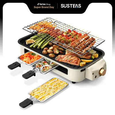 Pukomc Indoor Smokeless Grill Yellow, Non-Stick Cooking Removable Plate, Portable Electric Korean BBQ Grill with Temperature ...